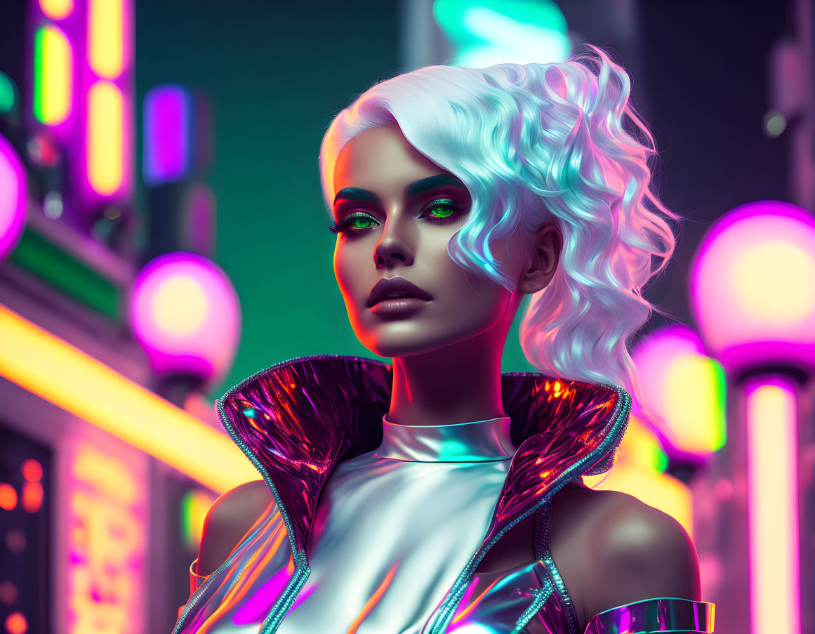 Futuristic Woman with White Hair in Luminous Attire in Neon City