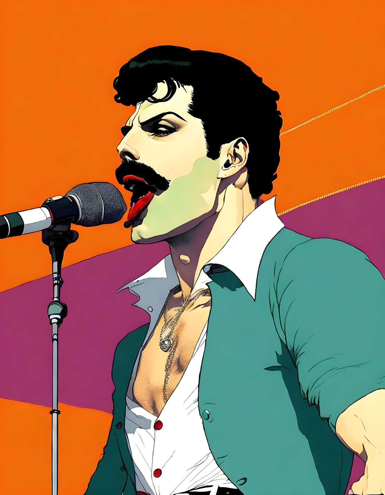 Colorful Stylized Illustration of Person with Moustache Singing on Orange Background