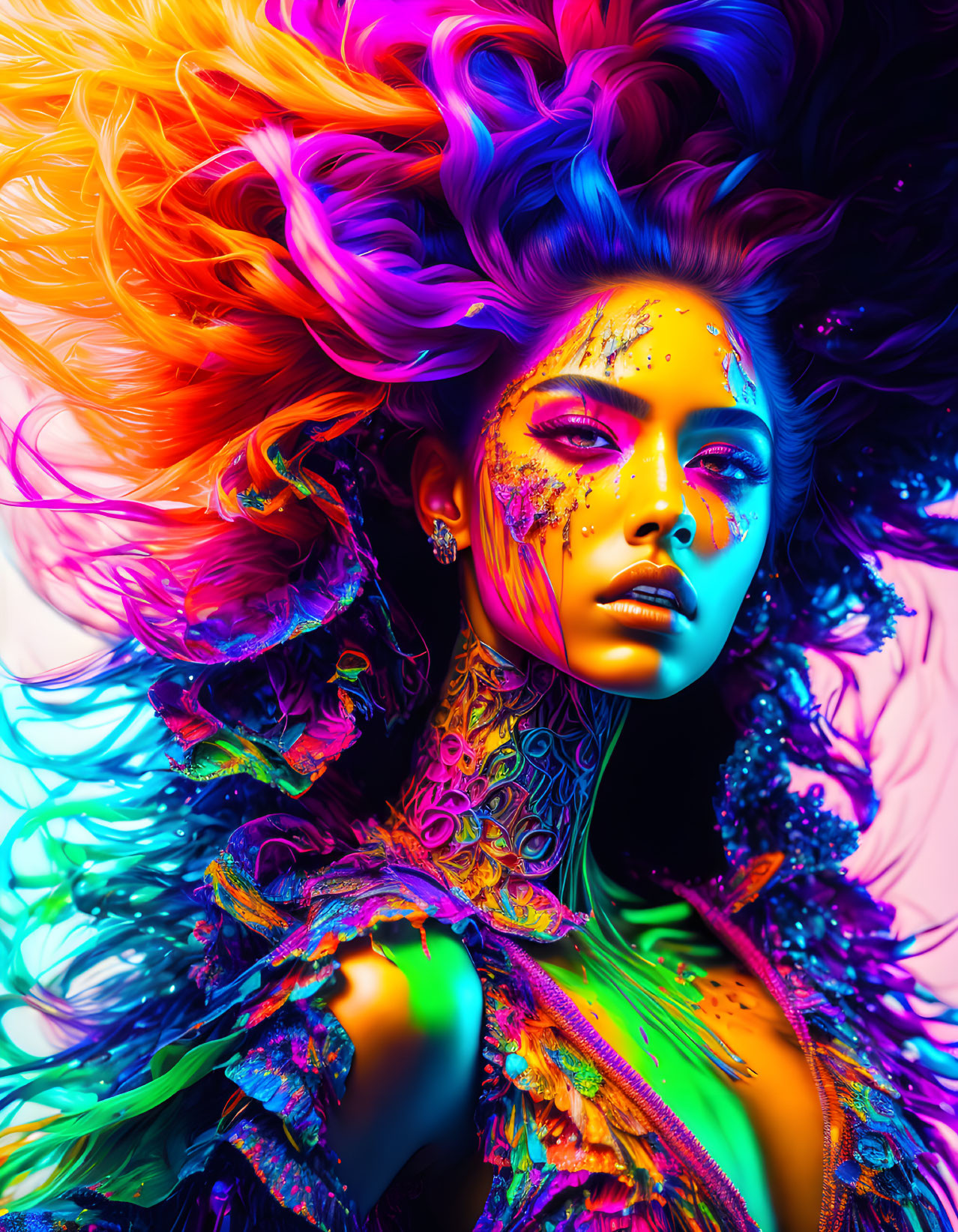 Colorful portrait of a person with multicolored hair and body art