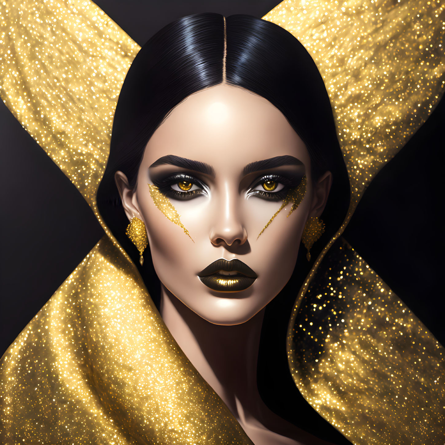 Striking dark hair woman with gold makeup and black lipstick portrait