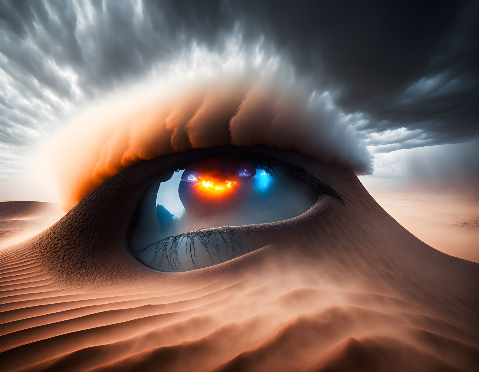 Composite surreal image: eye close-up on desert landscape