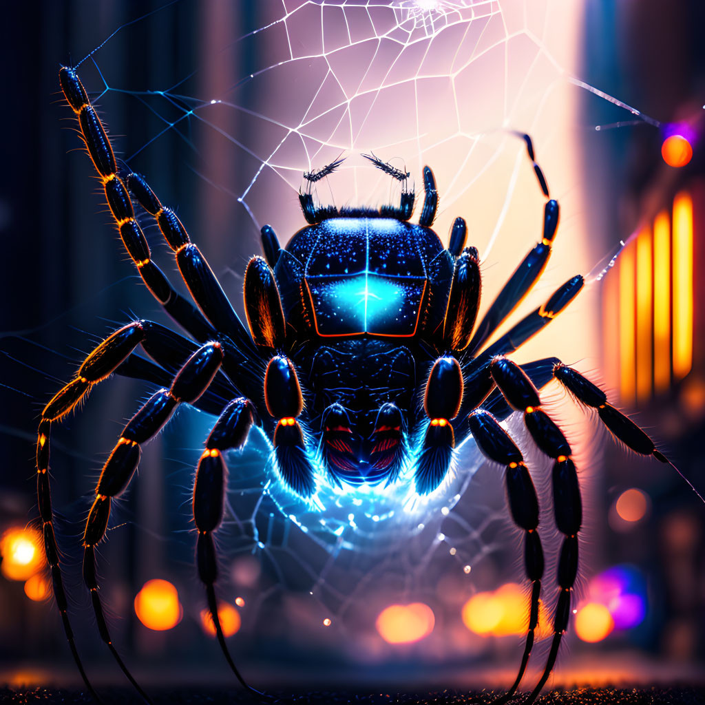 Futuristic robotic spider in neon-lit cityscape