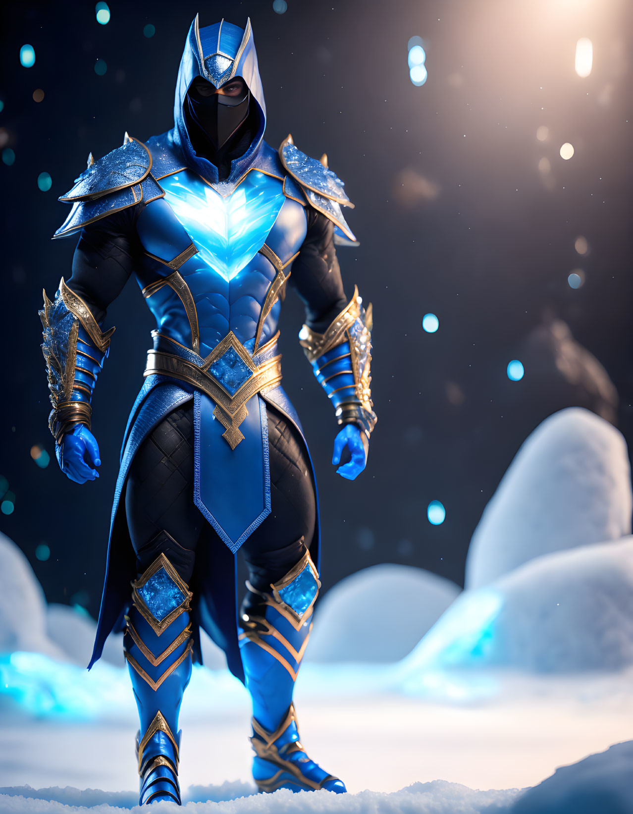 Futuristic armored warrior in snowy night landscape