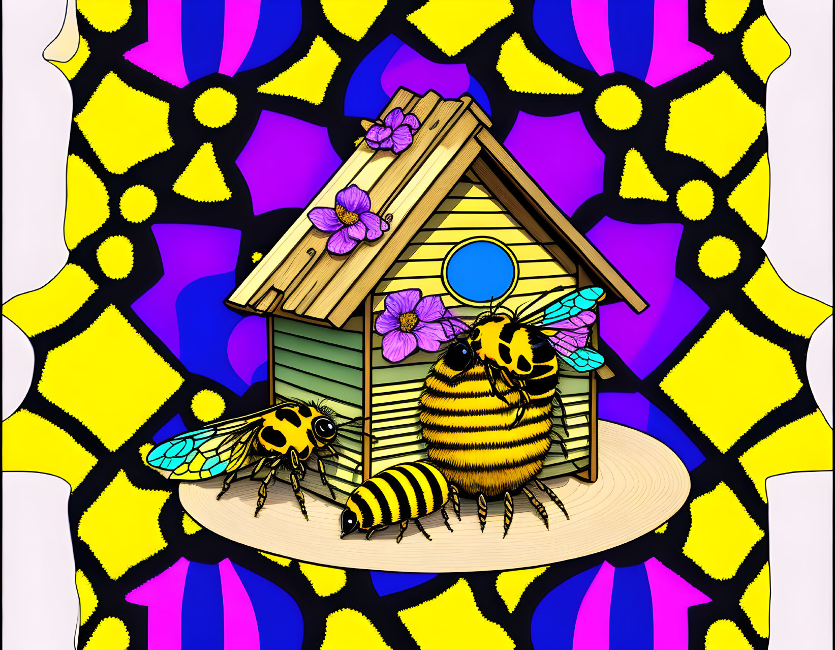 Colorful beehive with bees and flowers on vibrant background