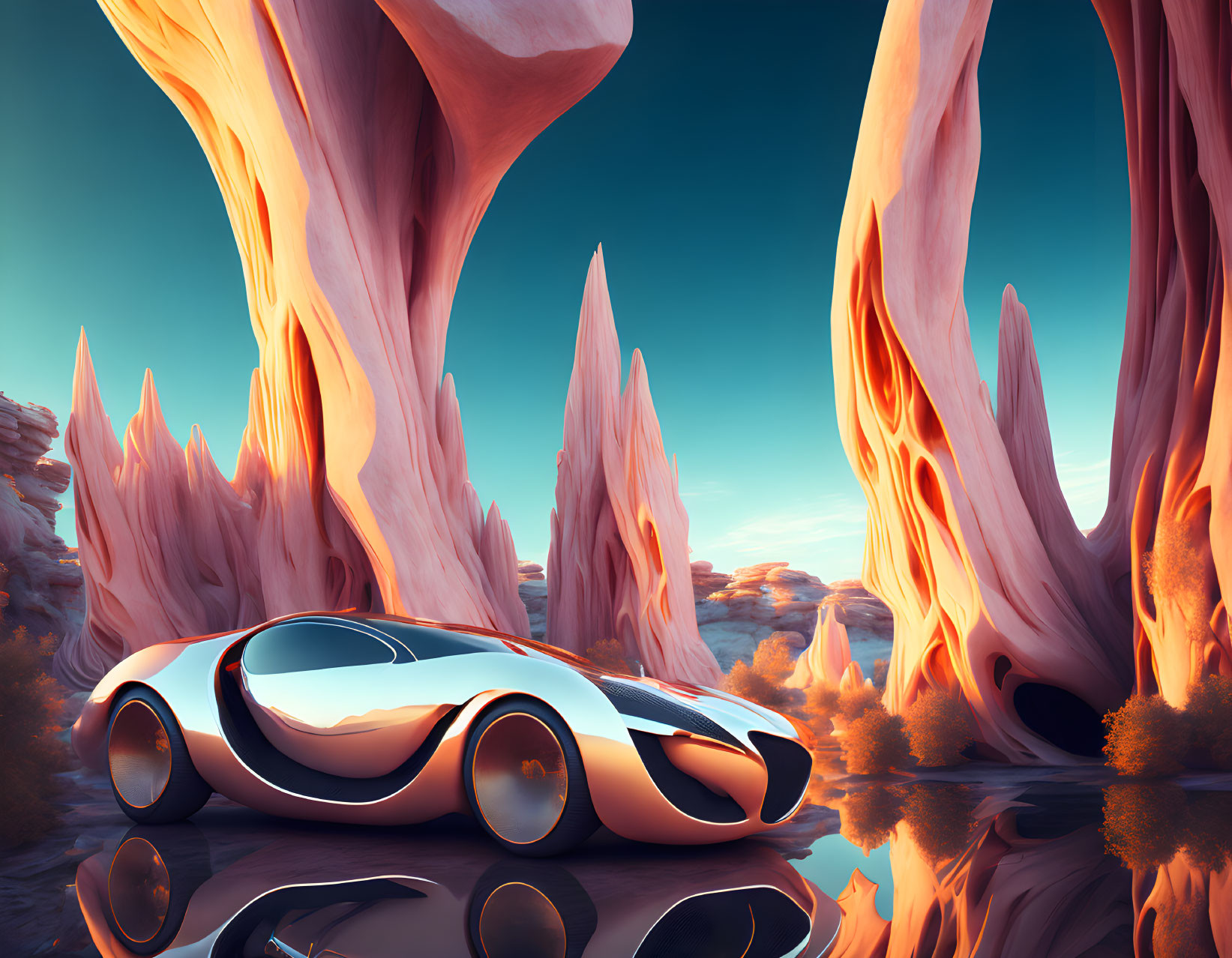 Sleek futuristic car in alien landscape with twisted rock formations