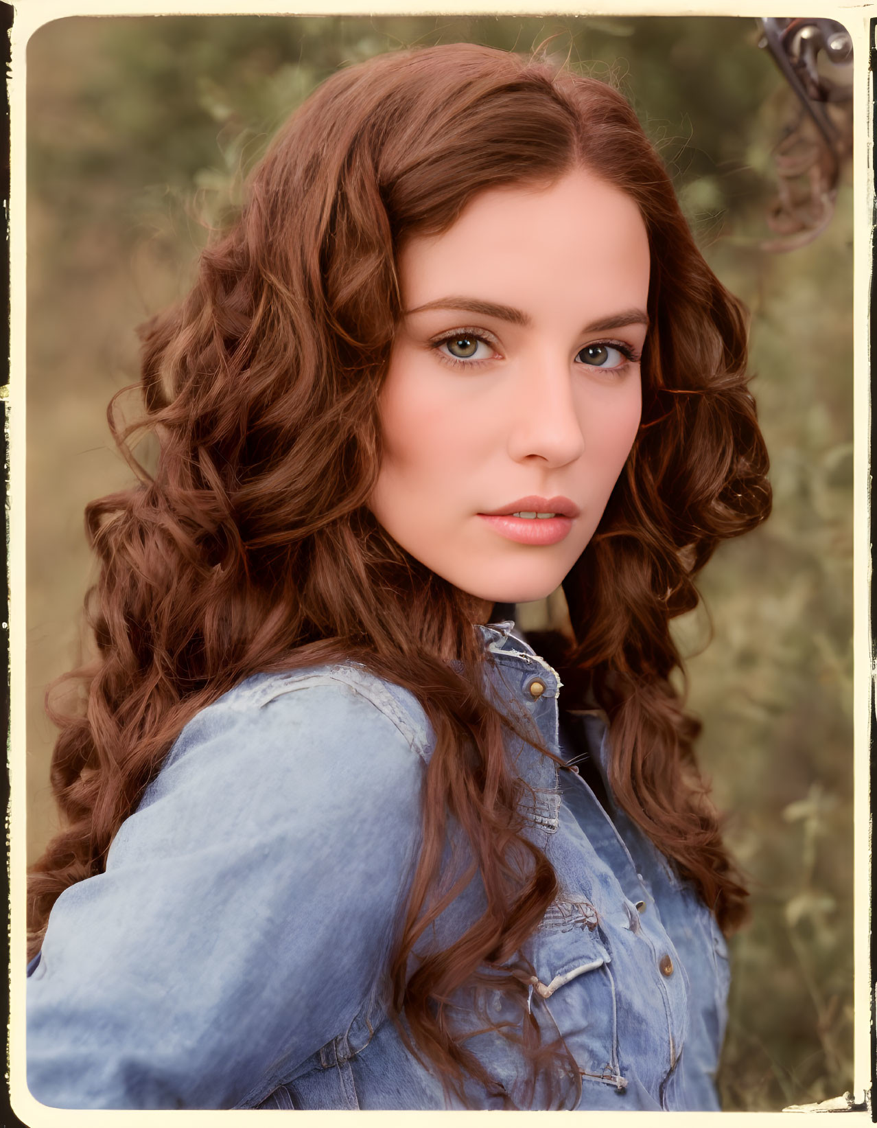 Curly-Haired Woman in Denim Jacket with Neutral Expression in Nature Setting