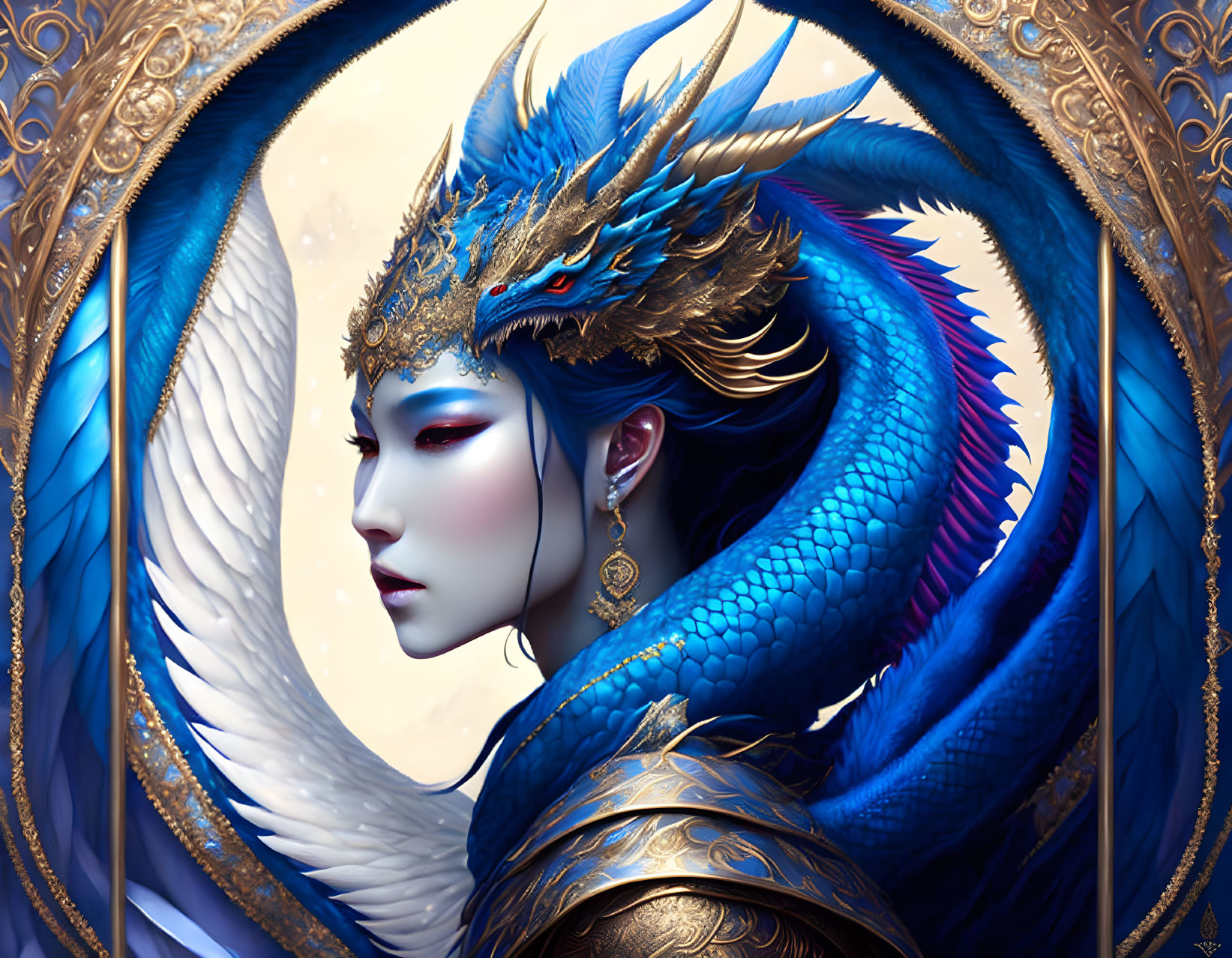 Blue Dragon-Themed Armor Fantasy Portrait with Gold Details