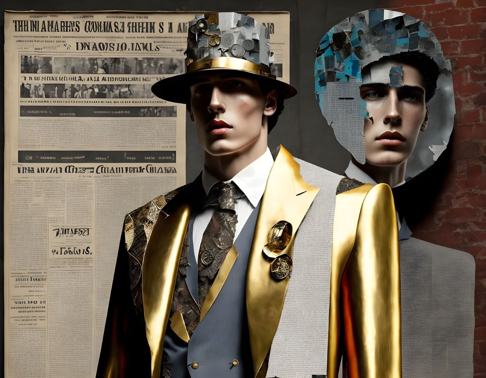 Avant-garde fashion editorial with male models in vintage newspaper setting