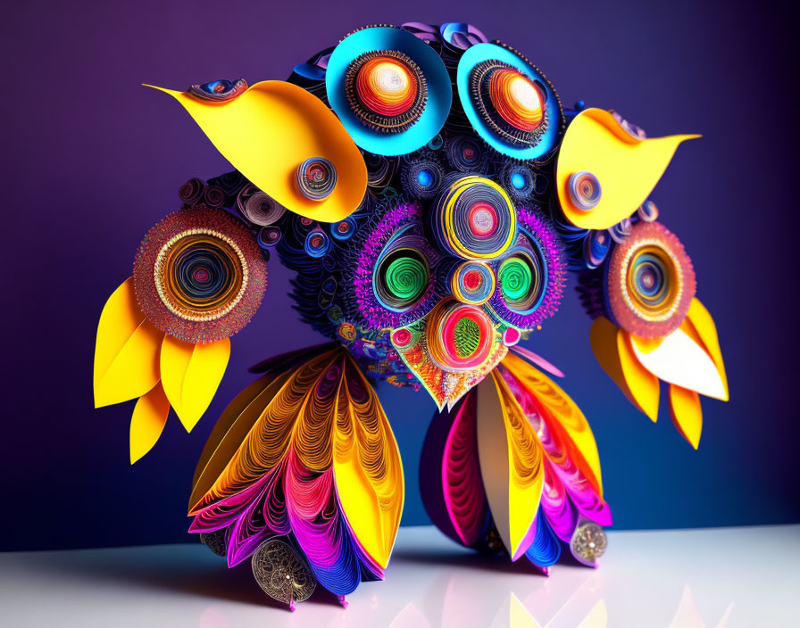 Colorful quilled paper owl with intricate swirling patterns