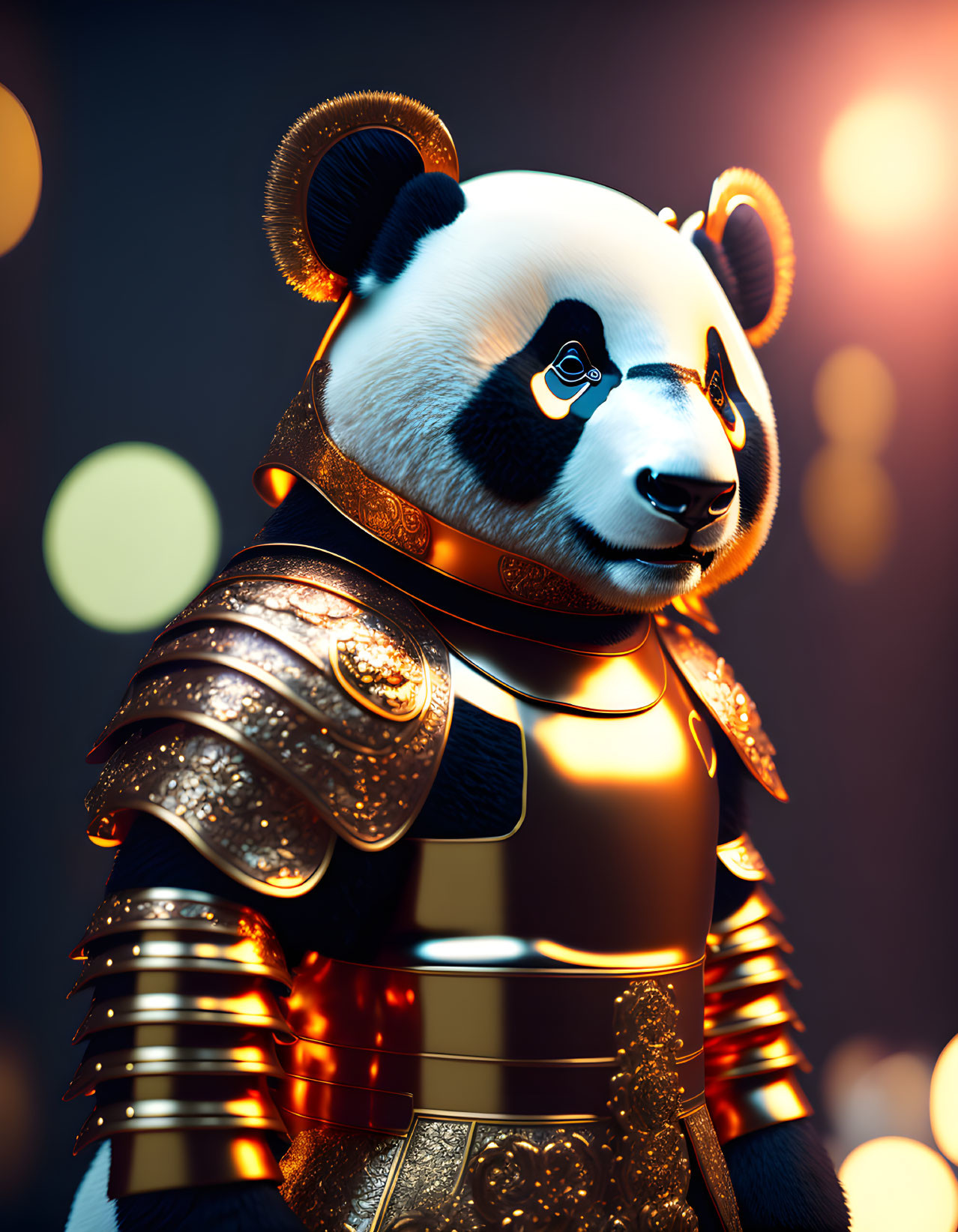 Anthropomorphic panda in medieval armor with glowing bokeh lights