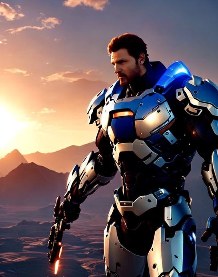 Detailed Blue and White Mech Suit Against Sunset Mountains