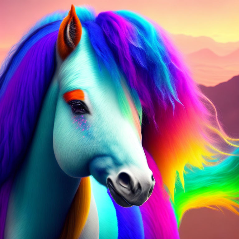 Vibrant rainbow-maned fantasy horse with mountains at dusk