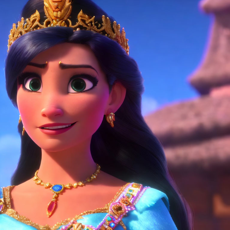 Animated character with long black hair, green eyes, golden crown, traditional earrings, blue and gold outfit