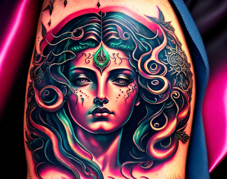 Vibrant tattoo featuring stylized woman with flowing hair and third eye