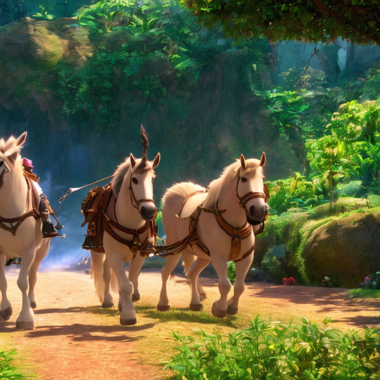 White horses with ornate harnesses in sunny forest clearing near waterfall