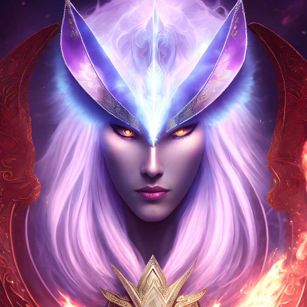 Mystical female character with red eyes, purple hair, and regal crown in ethereal setting