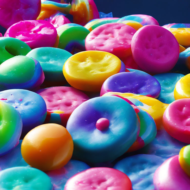 Colorful Button-Shaped Candies with Imprints on Dark Background