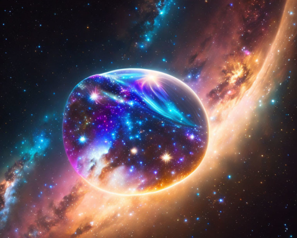 Colorful cosmic bubble against starry nebula backdrop with galactic arms and star clusters