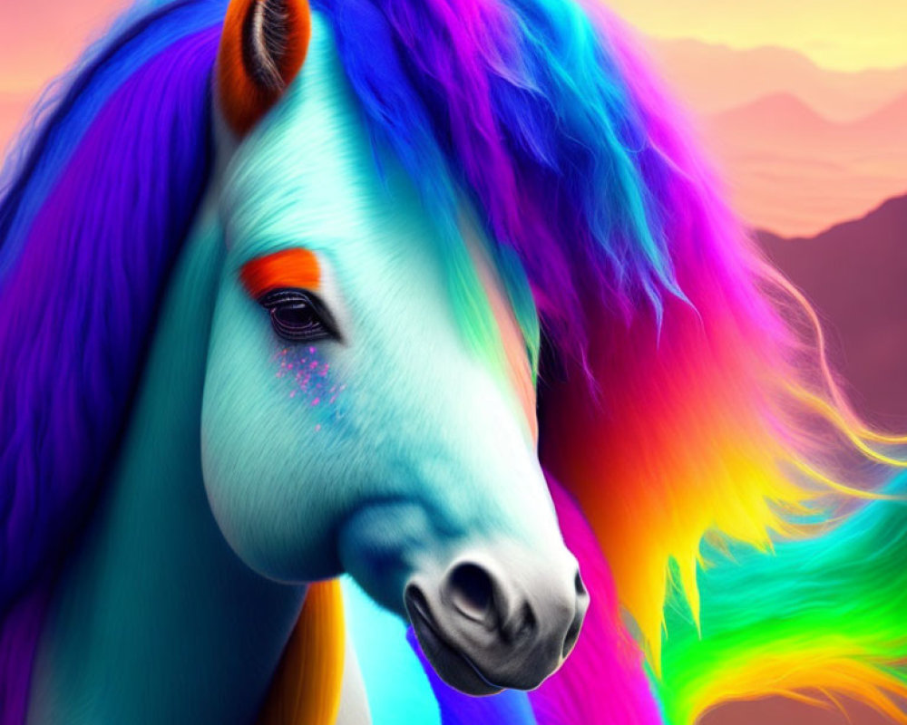 Vibrant rainbow-maned fantasy horse with mountains at dusk