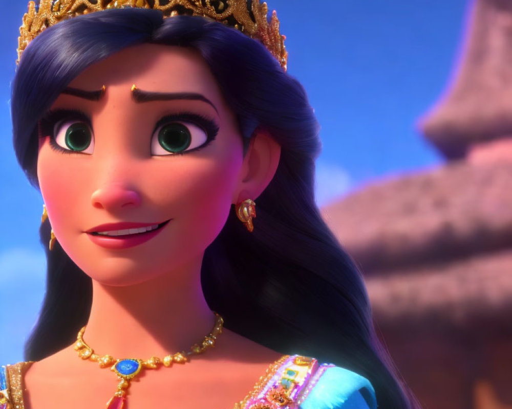 Animated character with long black hair, green eyes, golden crown, traditional earrings, blue and gold outfit