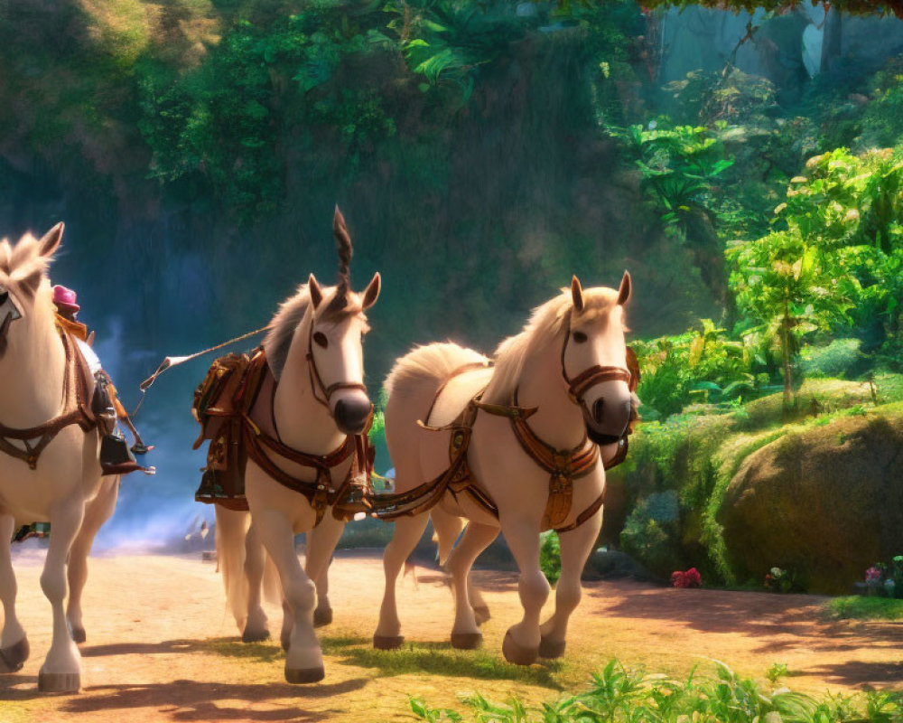 White horses with ornate harnesses in sunny forest clearing near waterfall