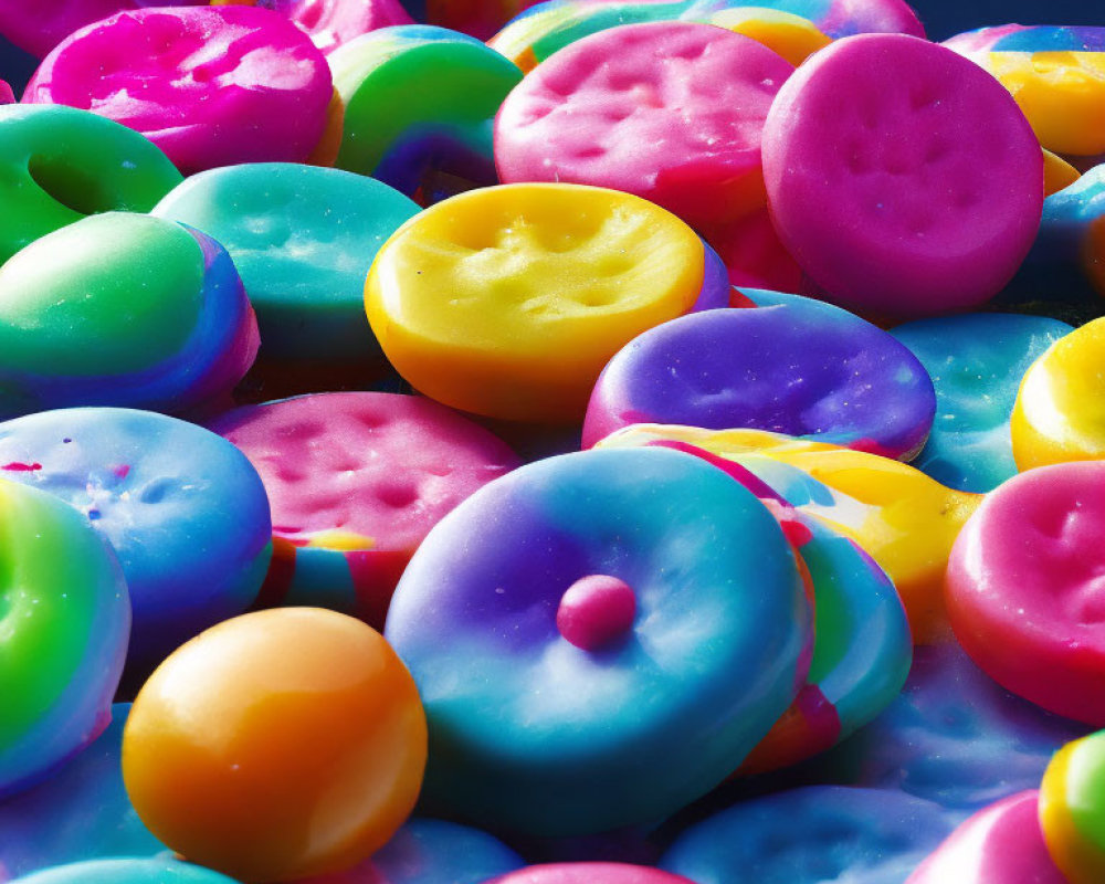 Colorful Button-Shaped Candies with Imprints on Dark Background