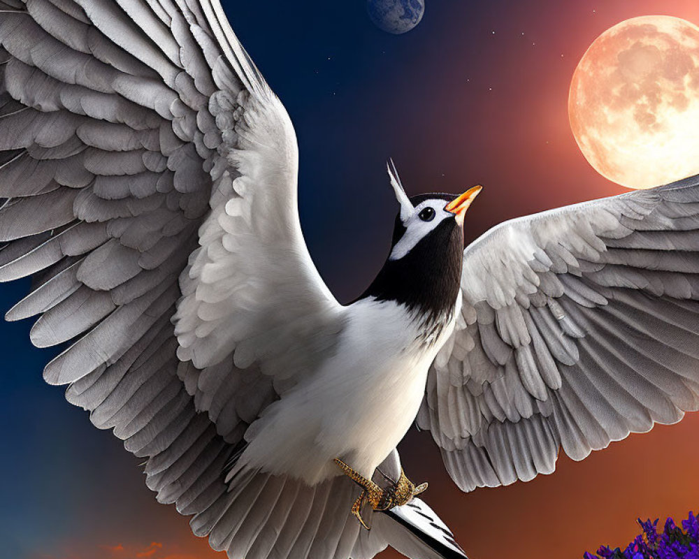 Digital artwork: Bird with detailed wings in twilight sky with twin moons and lavender fields.