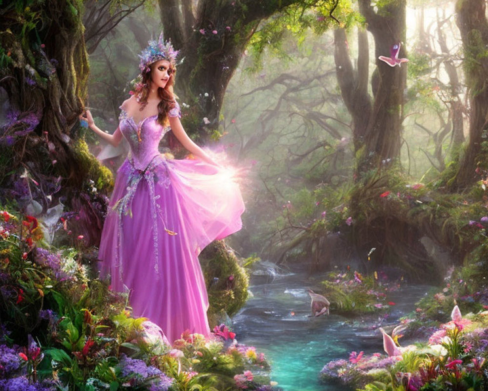 Woman in Pink Gown Holding Glowing Orb in Enchanted Forest