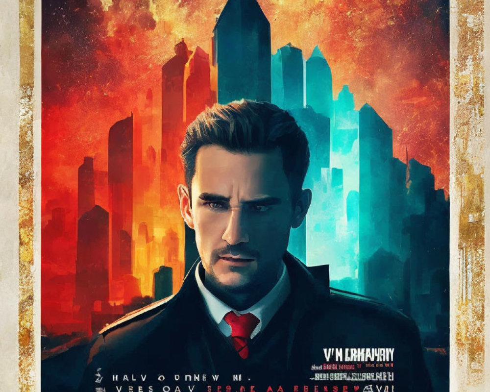 Geometric cityscape poster with man in suit and warm tones