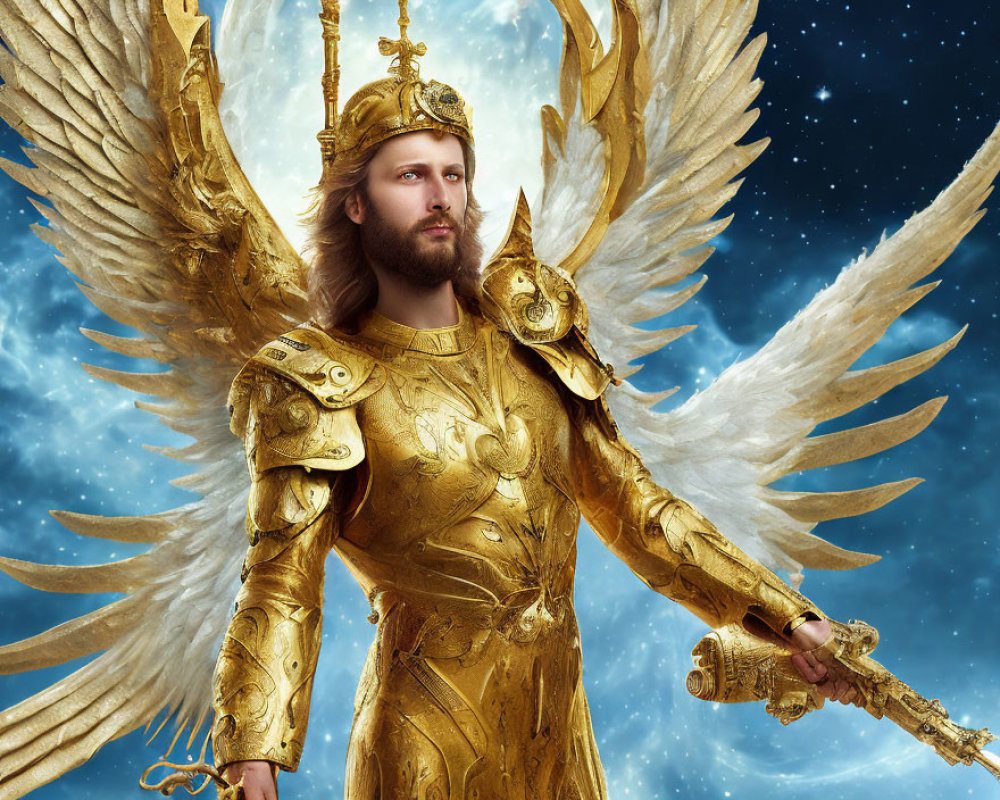 Regal figure in golden armor with crown and wings on starry background