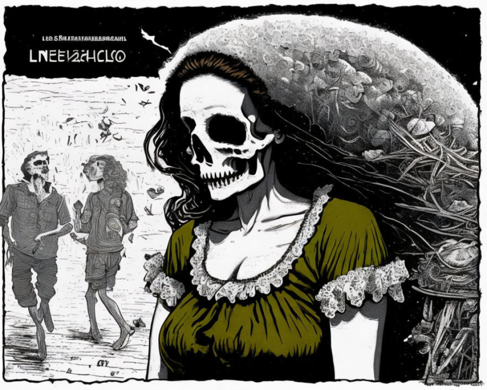 Monochromatic illustration of smiling woman with skull face and couple in background