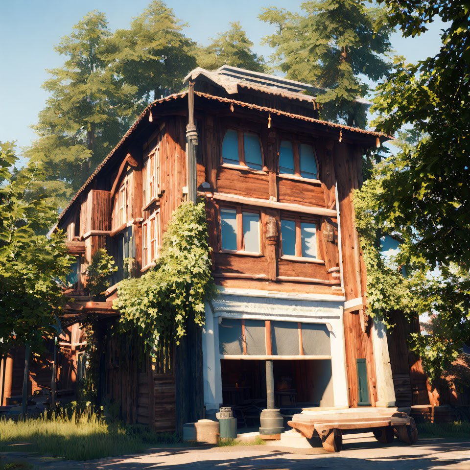 Rustic two-story wooden house with green ivy in lush tree setting