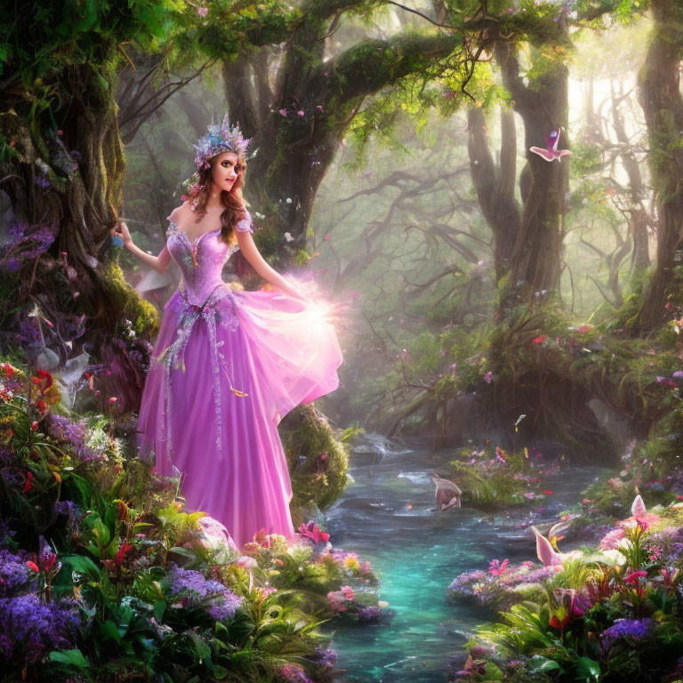 Woman in Pink Gown Holding Glowing Orb in Enchanted Forest