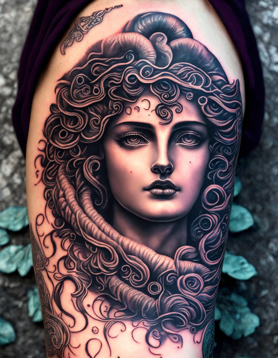 Detailed tattoo of a woman with serpentine hair and mystic gaze, intricate shading and red highlights