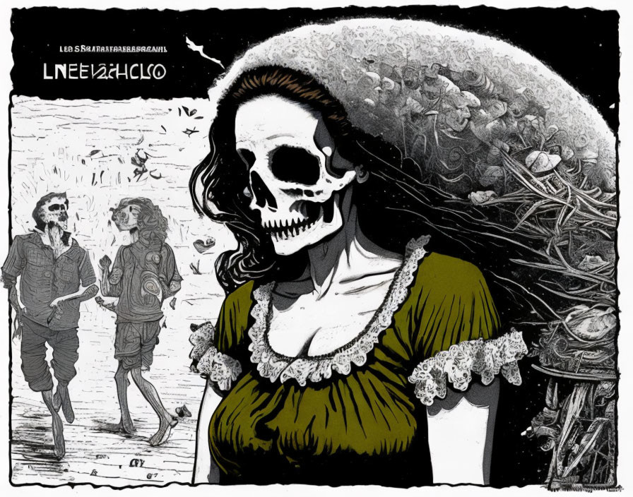 Monochromatic illustration of smiling woman with skull face and couple in background