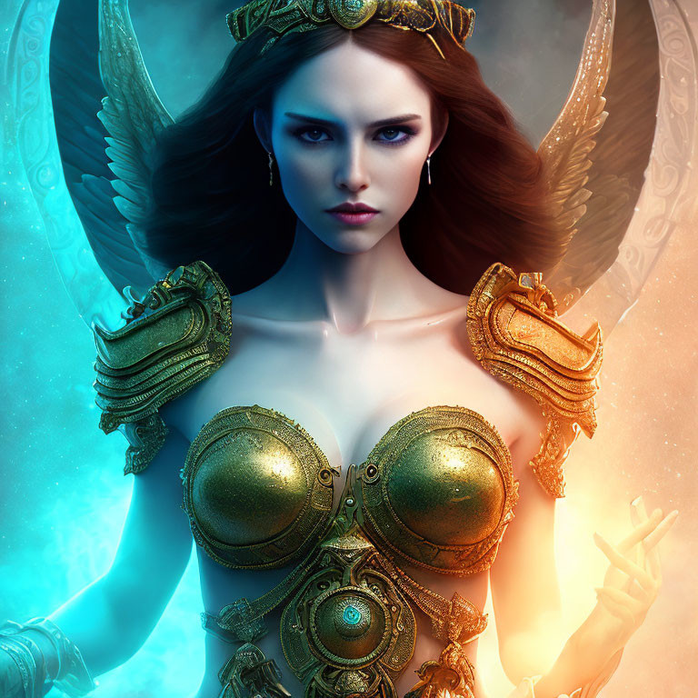 Digital artwork of woman with angelic wings and golden armor on mystical blue backdrop