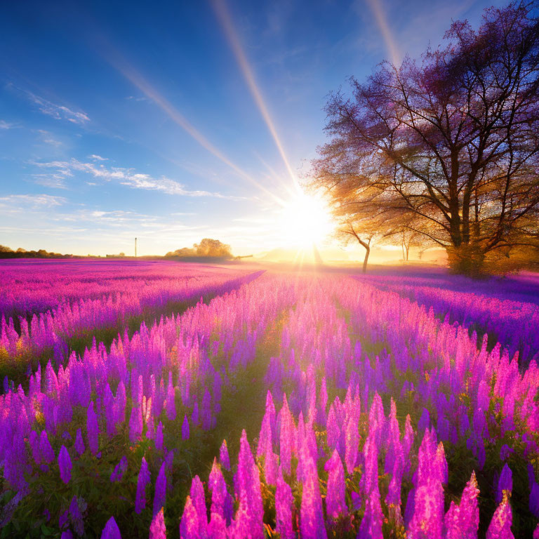 Sunlit purple flower field under blue sky & sunbeams.