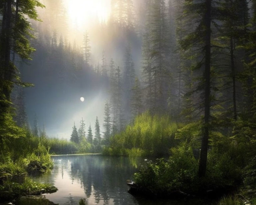 Tranquil forest lake with sunbeams and mist