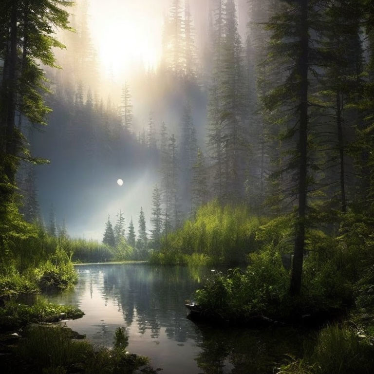 Tranquil forest lake with sunbeams and mist