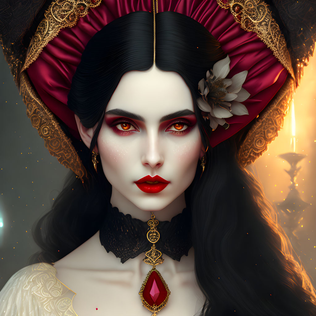 Portrait of Woman with Dark Hair, Red Eyes, White Flower, Golden Pendant, Ornate Clothing,