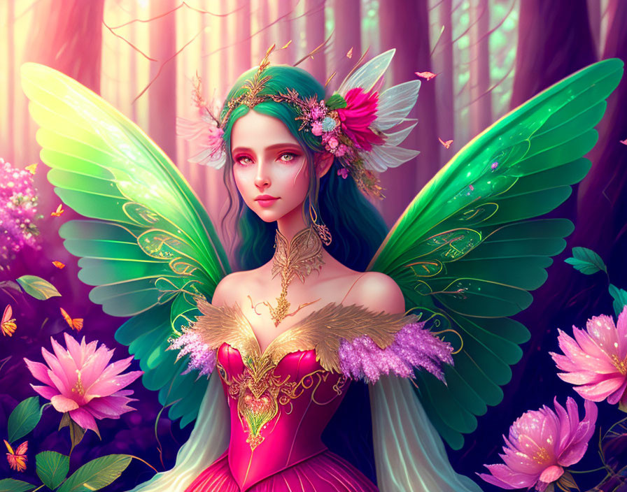 Colorful fairy with emerald wings and floral adornments in enchanted setting