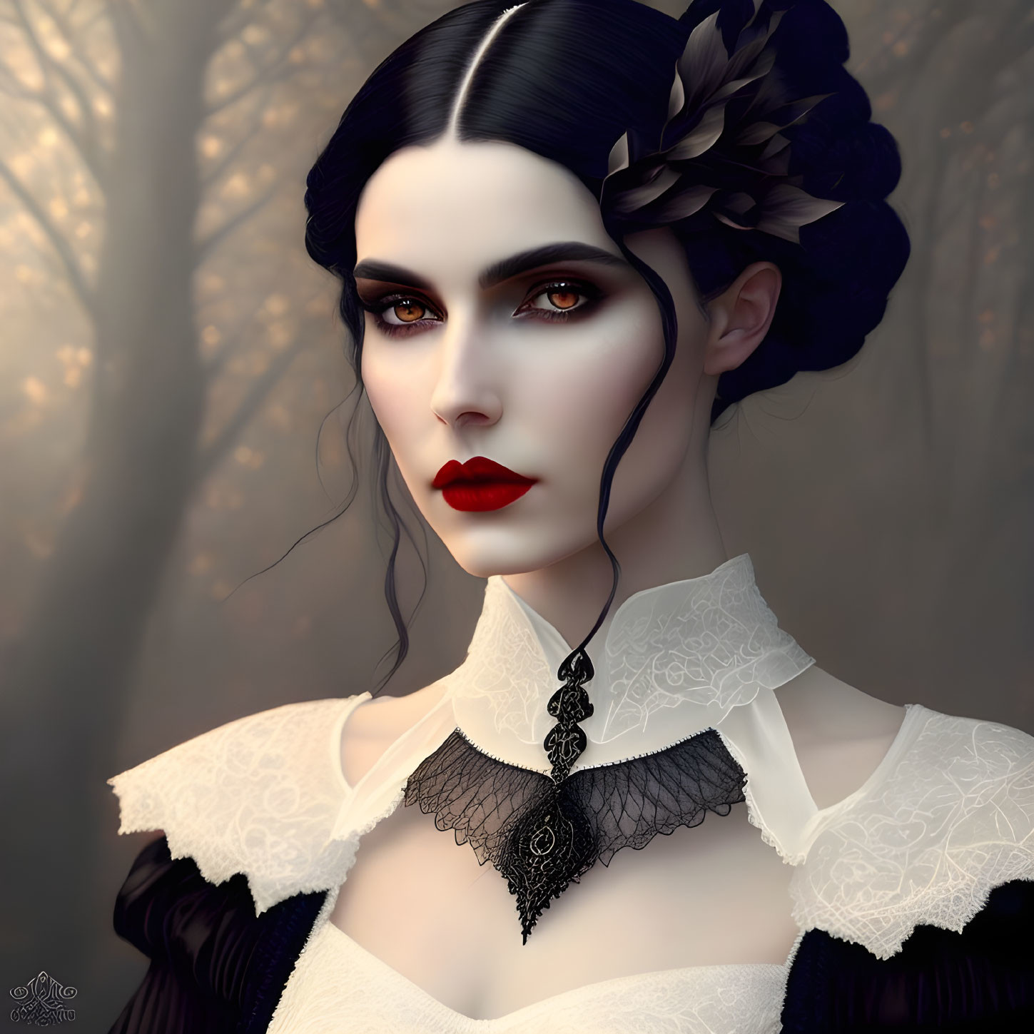 Portrait of woman with pale skin, dark hair in braids, dramatic makeup, red lips, Victorian