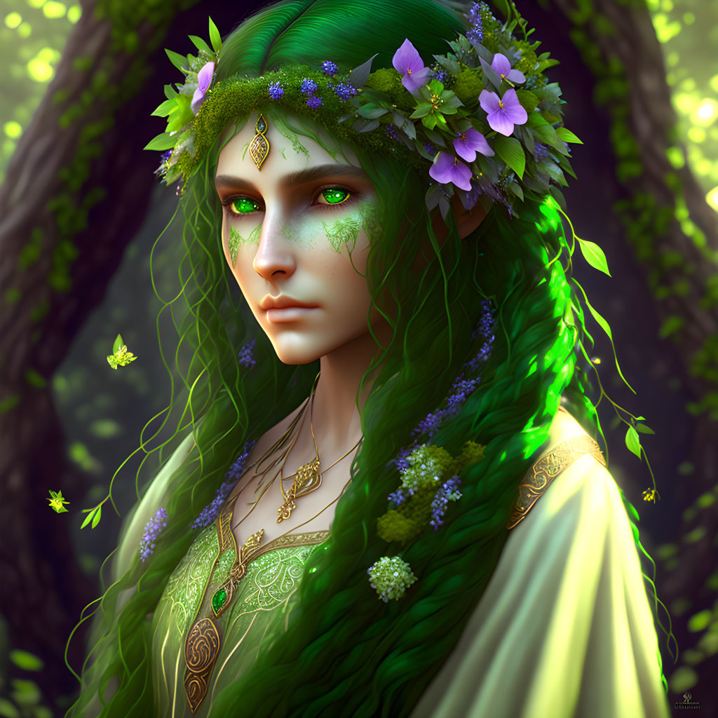 Mystical figure with green hair in forest setting with glowing insects