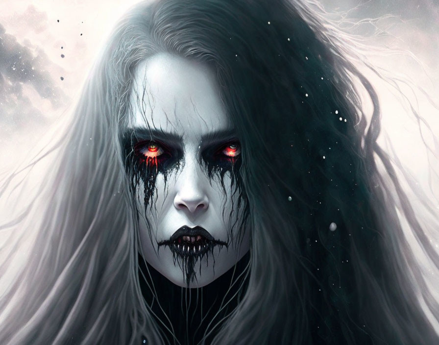 Eerie digital portrait of female entity with red eyes and dark hair