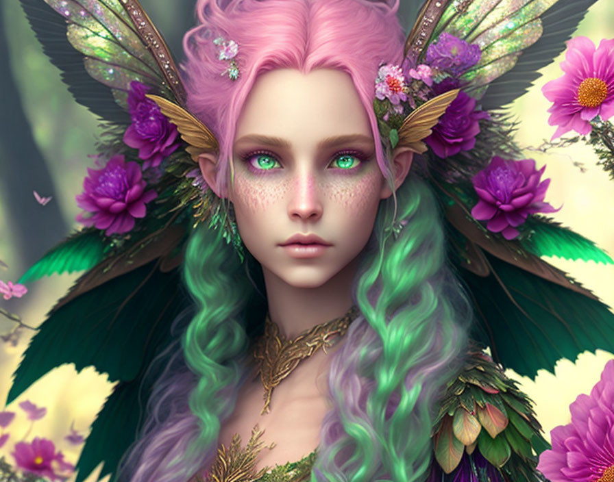 Fantasy female with pink hair and green eyes in floral setting.