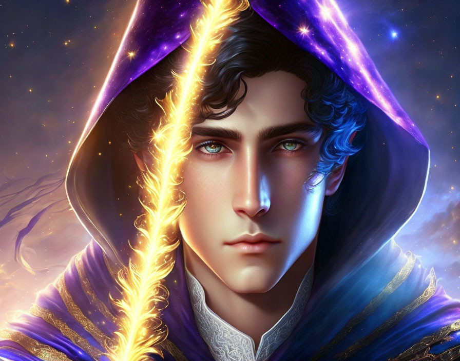 Male fantasy character portrait with blue eyes, starry cloak, and glowing staff