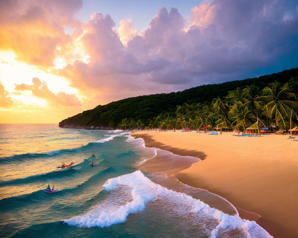 Tranquil sunset beach scene with canoeing people, gentle waves, lush hillside, vibrant sky