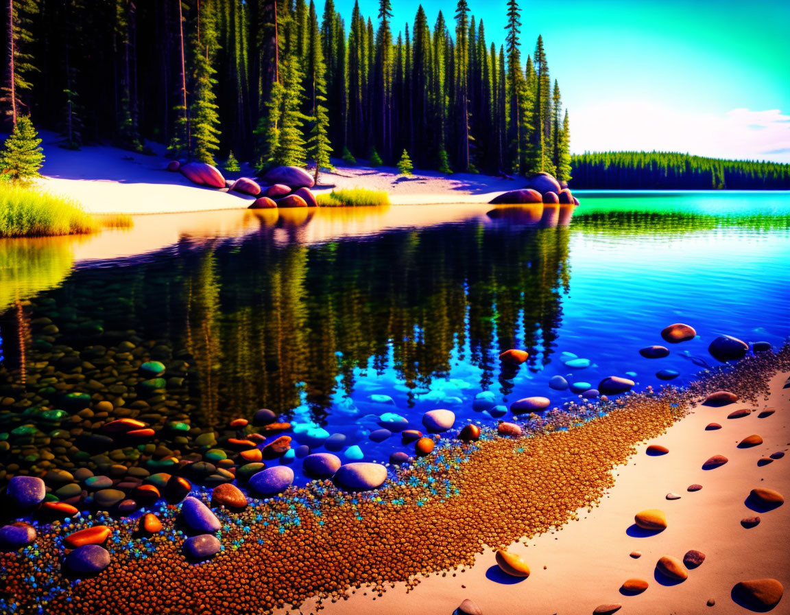 Serene lakeside landscape with pine trees, rocks, and blue sky