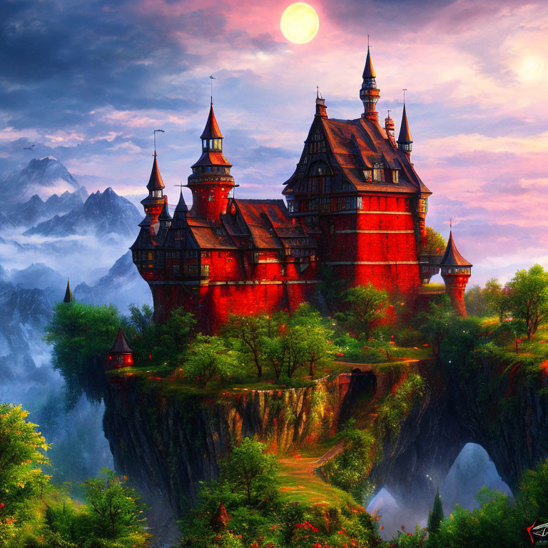 Red castle with spires on cliff, mountains, twilight sky, two moons