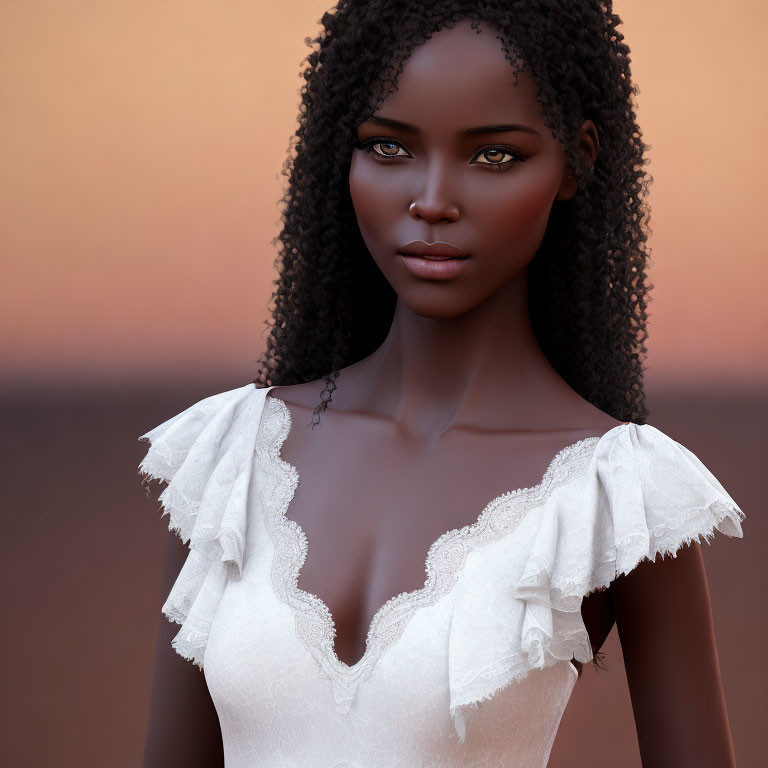 Digital Artwork: Woman with Dark Skin and Curly Hair in White Dress